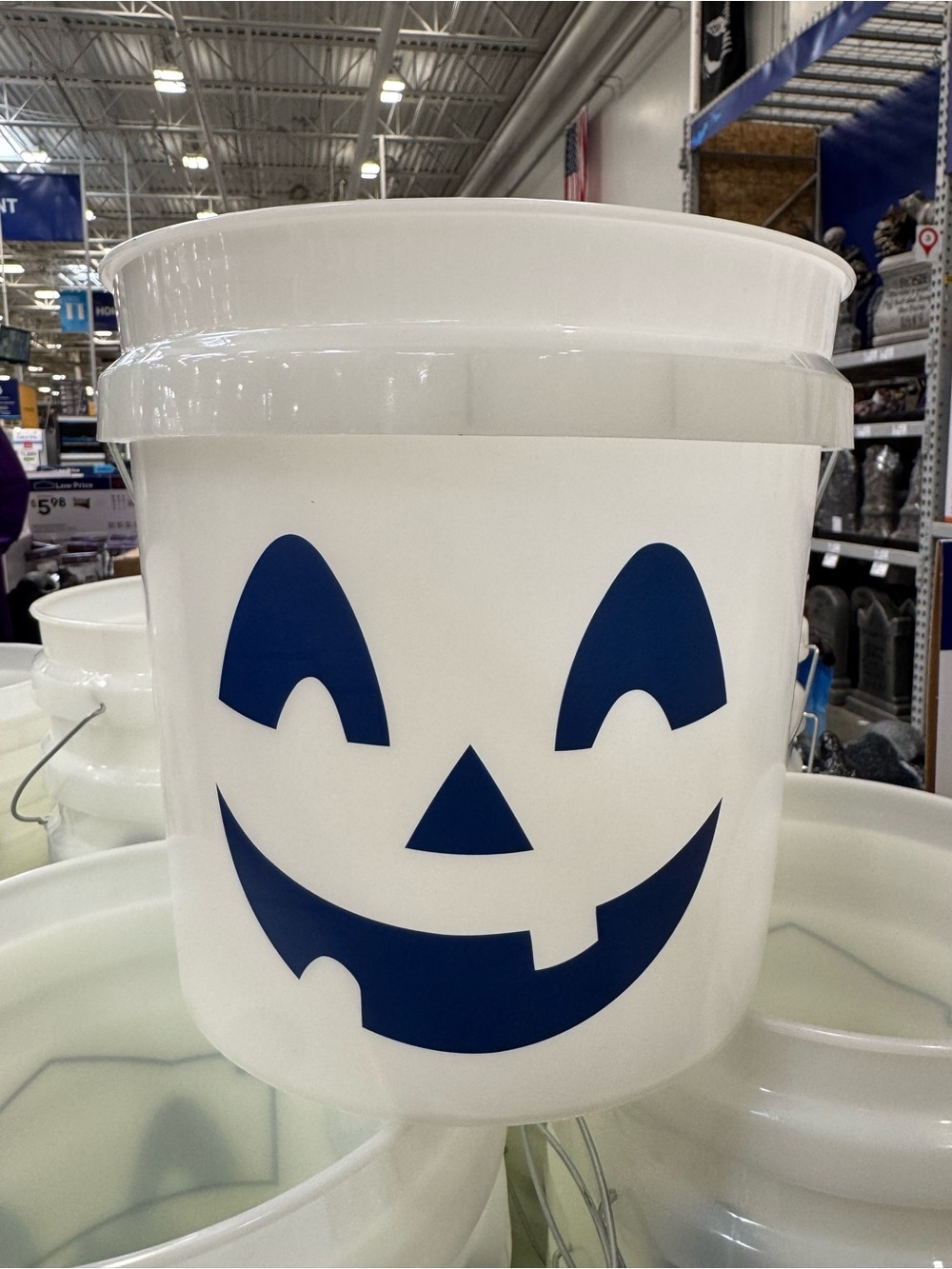 White Halloween Pumpkin Treat Bucket with Blue Jack-O'-Lantern Face